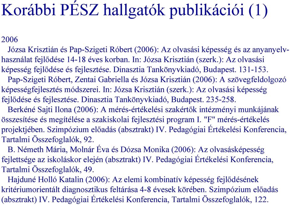 Pap-Szigeti Róbert, Zentai Gabriella és Józsa Krisztián (2006): A szövegfeldolgozó képességfejlesztés módszerei. In: Józsa Krisztián (szerk.): Az olvasási képesség fejlődése és fejlesztése.