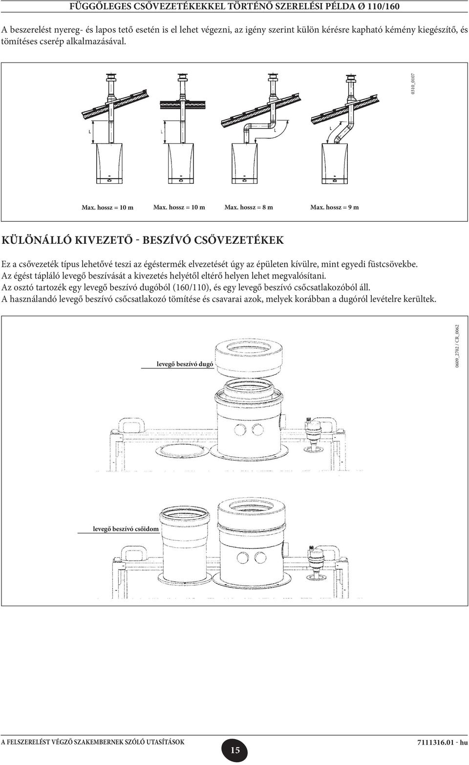 hossz = 9 m KÜLÖNÁLLÓ KIVEZETŐ - BESZÍVÓ CSŐVEZETÉKEK Ez a csővezeték típus lehetővé teszi az égéstermék elvezetését úgy az épületen kívülre, mint egyedi füstcsövekbe.