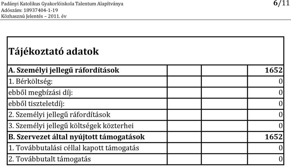 Bérköltség: 0 ebből megbízási díj: 0 ebből tiszteletdíj: 0 2.