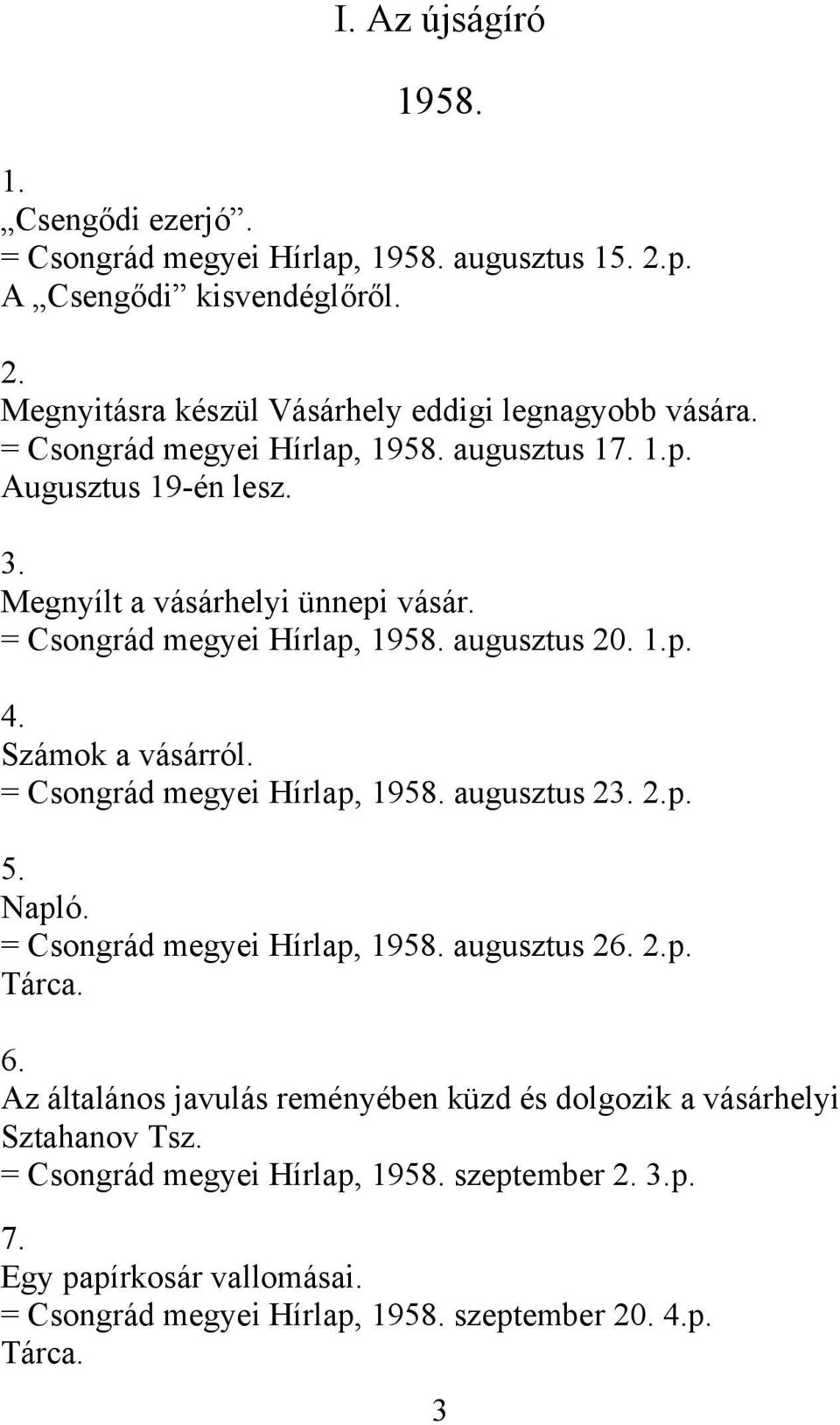 Számok a vásárról. = Csongrád megyei Hírlap, 1958. augusztus 23. 2.p. 5. Napló. = Csongrád megyei Hírlap, 1958. augusztus 26. 2.p. Tárca. 6.