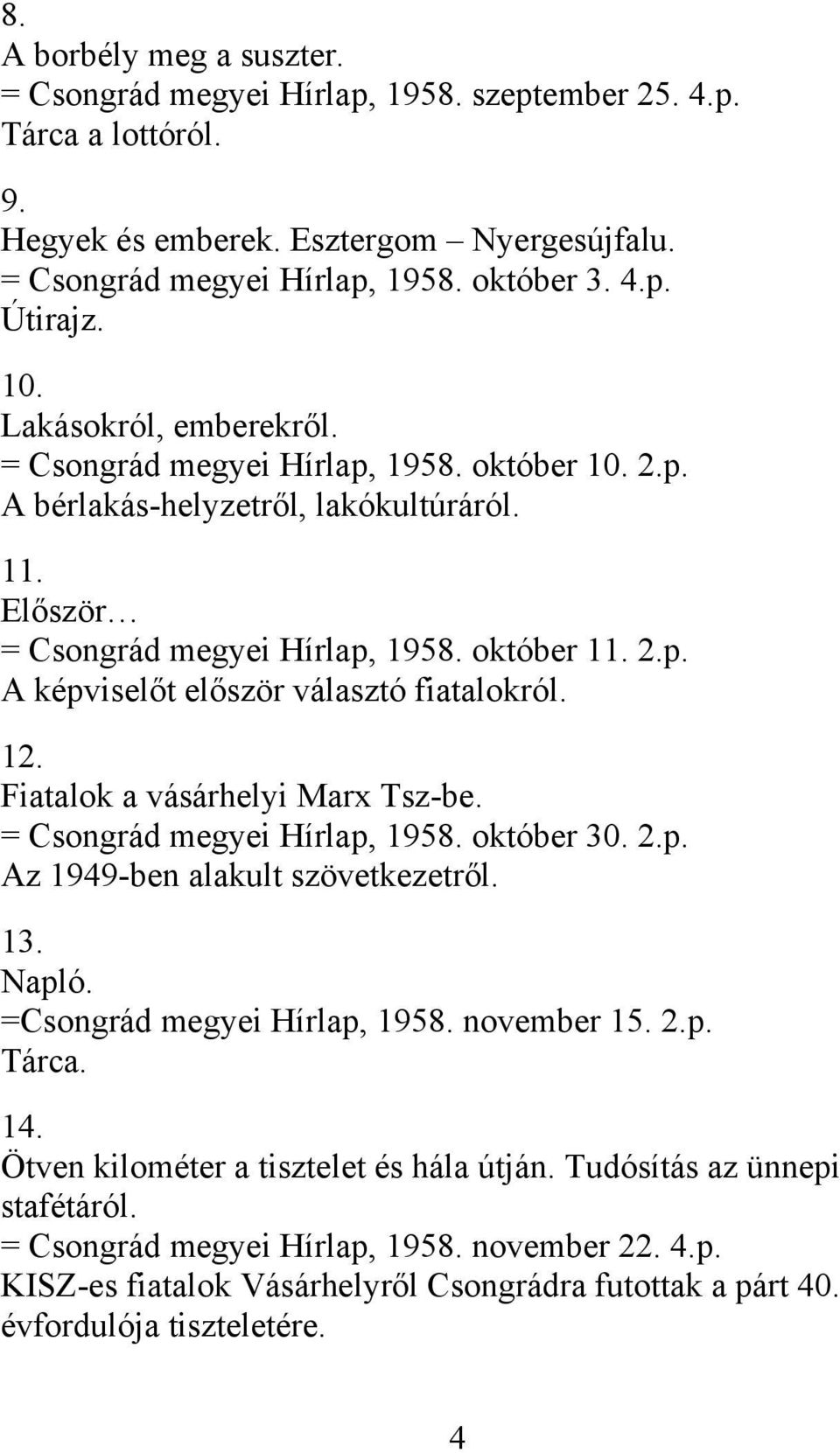 12. Fiatalok a vásárhelyi Marx Tsz-be. = Csongrád megyei Hírlap, 1958. október 30. 2.p. Az 1949-ben alakult szövetkezetről. 13. Napló. =Csongrád megyei Hírlap, 1958. november 15. 2.p. Tárca. 14.