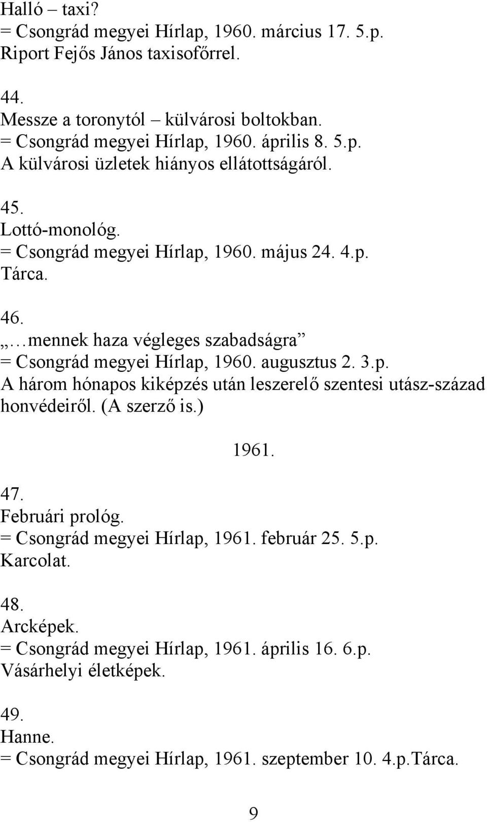 mennek haza végleges szabadságra = Csongrád megyei Hírlap, 1960. augusztus 2. 3.p. A három hónapos kiképzés után leszerelő szentesi utász-század honvédeiről. (A szerző is.) 1961.