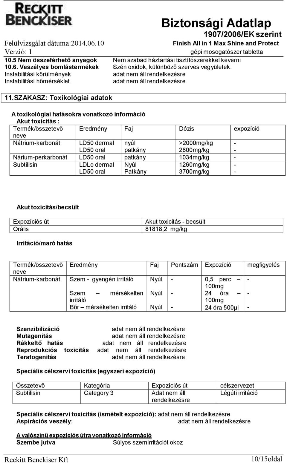 SZAKASZ: Toxikológiai adatok A toxikológiai hatásokra vonatkozó információ Akut toxicitás : Termék/összetevő Eredmény Faj Dózis expozíció neve Nátrium-karbonát LD50 dermal nyúl >2000mg/kg - LD50 oral