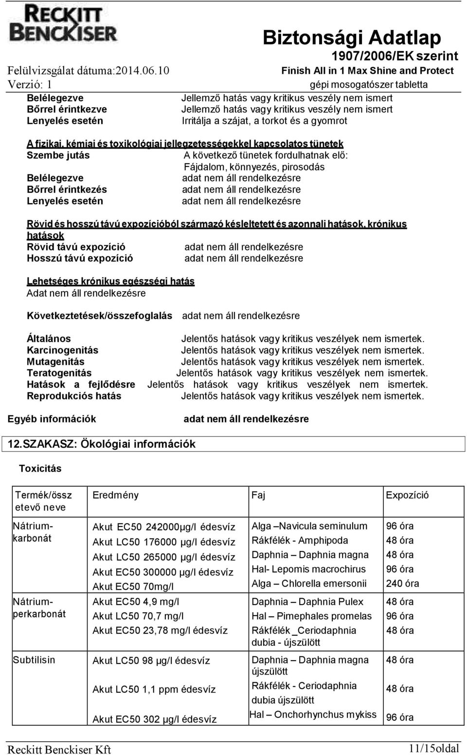 hosszú távú expozícióból származó késleltetett és azonnali hatások, krónikus hatások Rövid távú expozíció Hosszú távú expozíció Lehetséges krónikus egészségi hatás Adat nem áll rendelkezésre