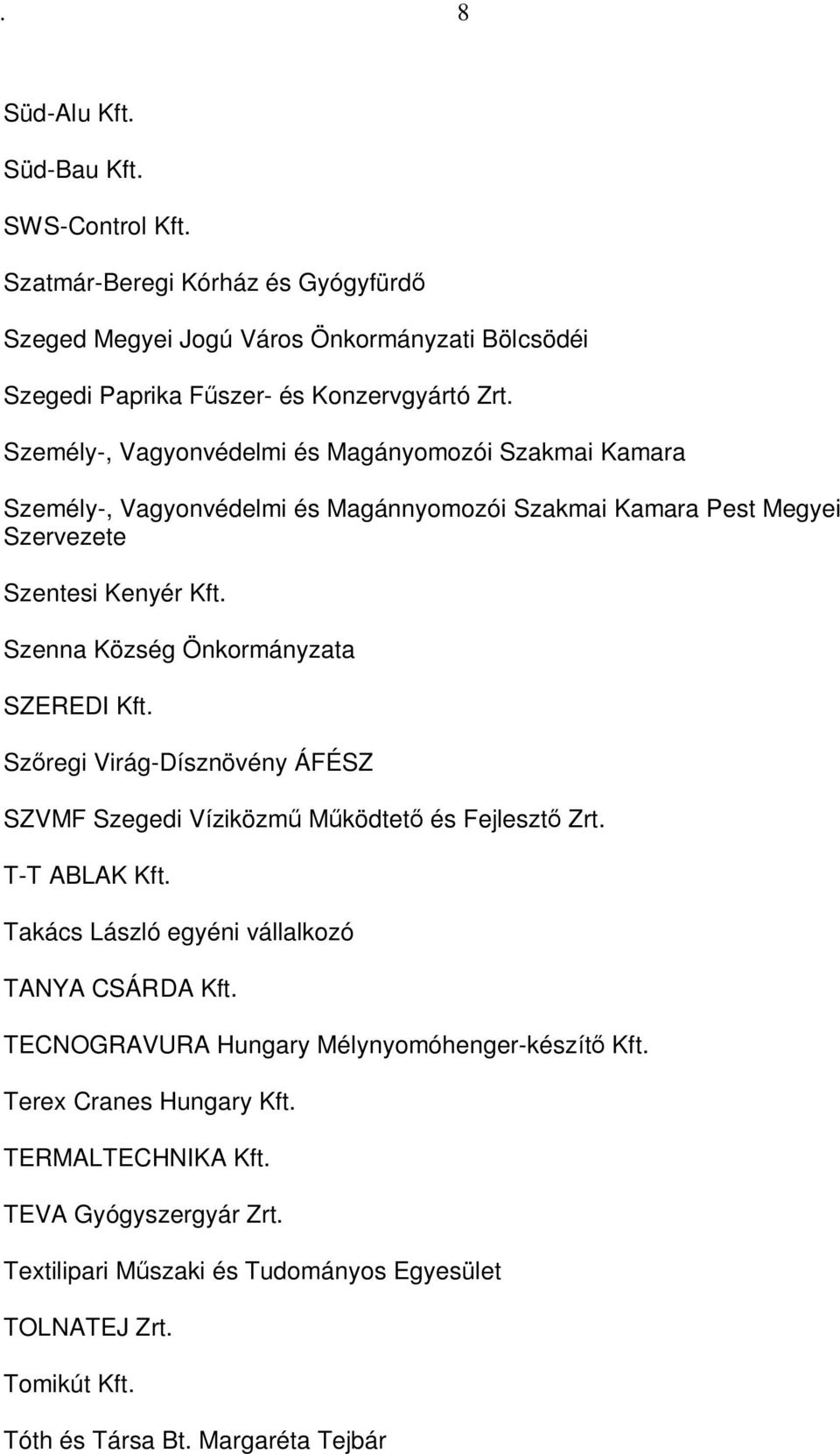 Szenna Község Önkormányzata SZEREDI Kft. Szőregi Virág-Dísznövény ÁFÉSZ SZVMF Szegedi Víziközmű Működtető és Fejlesztő Zrt. T-T ABLAK Kft.