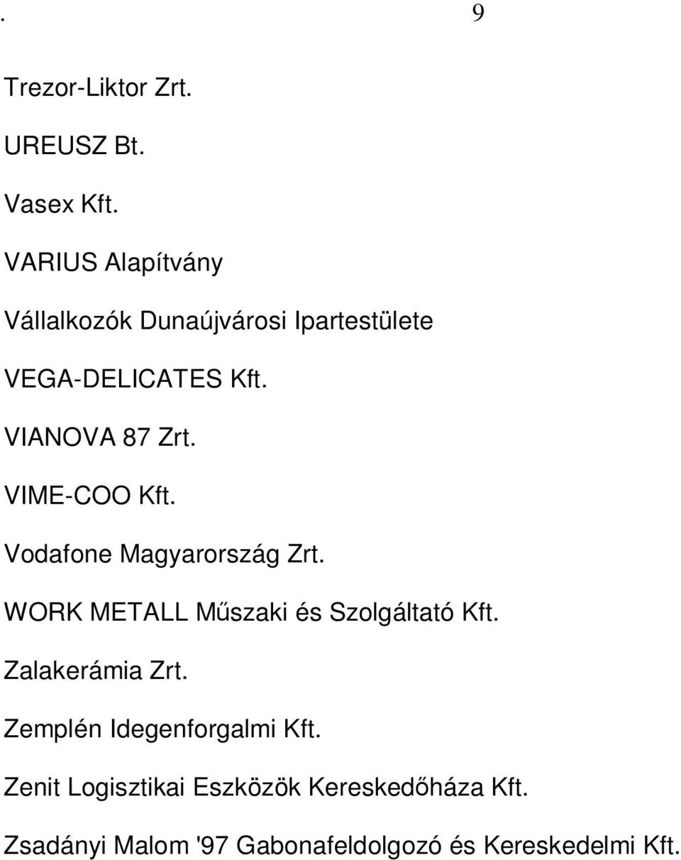 VIME-COO Kft. Vodafone Magyarország Zrt. WORK METALL Műszaki és Szolgáltató Kft.