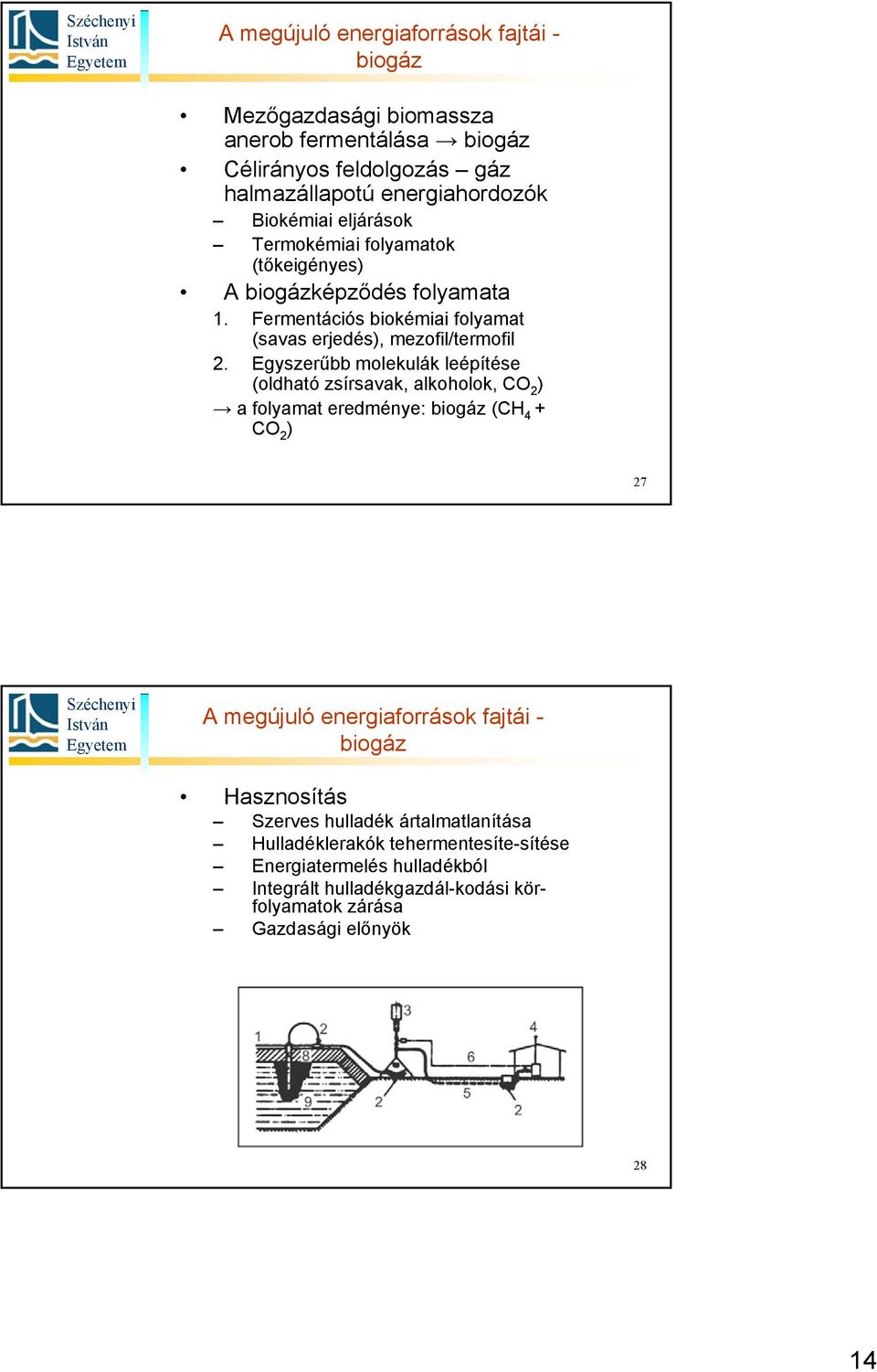 Egyszerűbb molekulák leépítése (oldható zsírsavak, alkoholok, CO 2 ) a folyamat eredménye: biogáz (CH 4 + CO 2 ) 27 A megújuló energiaforrások fajtái - biogáz