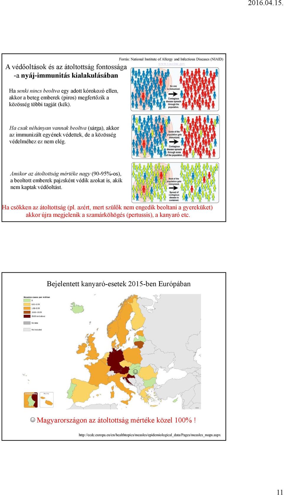 Ha csak néhányan vannak beoltva (sárga), akkor az immunizált egyének védettek, de a közösség védelméhez ez nem elég.