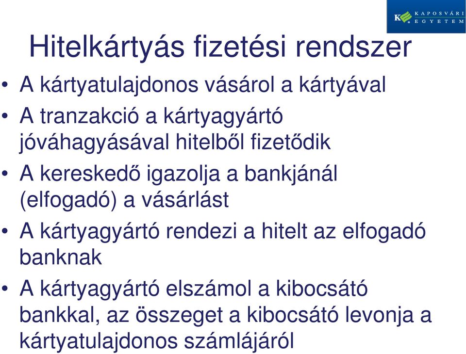 (elfogadó) a vásárlást A kártyagyártó rendezi a hitelt az elfogadó banknak A