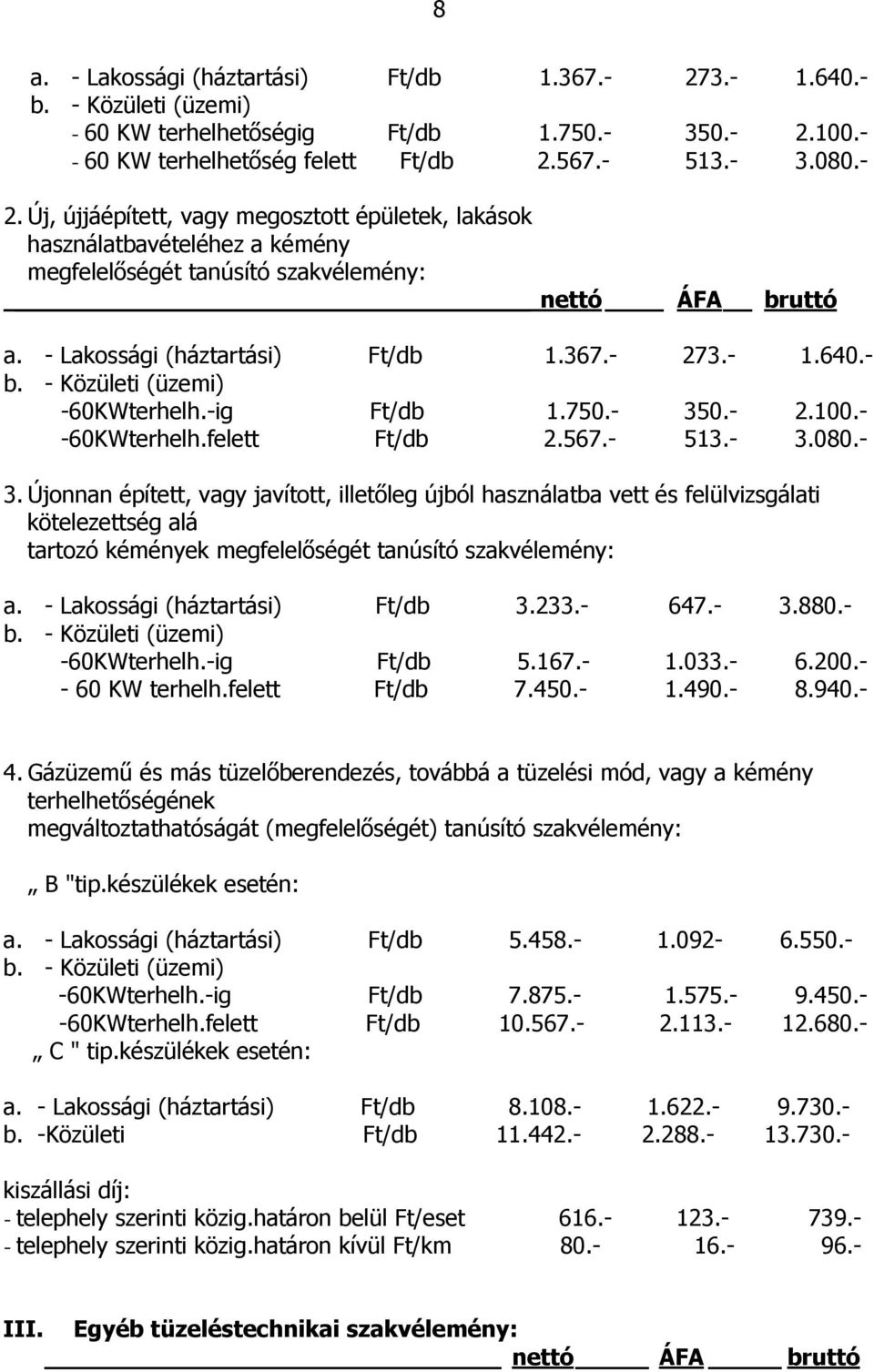0.- 2.100.- -60KWterhelh.felett Ft/db 2.567.- 513.- 3.
