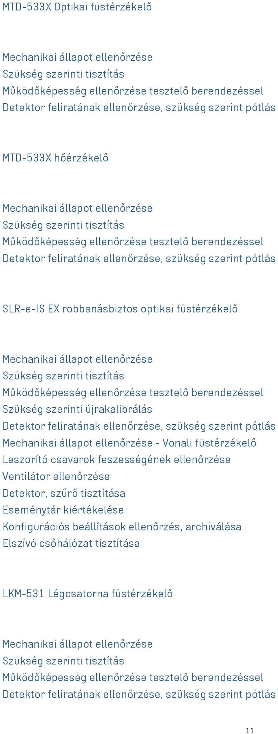 tisztítás Működőképesség ellenőrzése tesztelő berendezéssel Szükség szerinti újrakalibrálás Detektor feliratának ellenőrzése, szükség szerint pótlás - Vonali füstérzékelő Leszorító csavarok