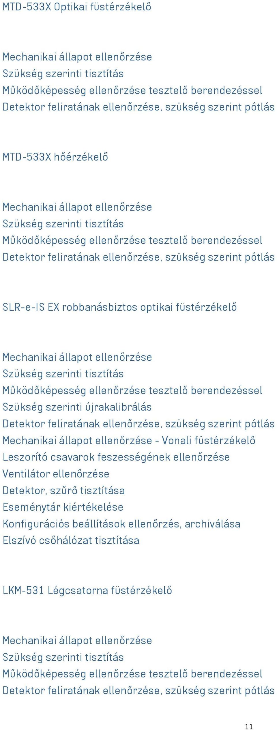 tisztítás Működőképesség ellenőrzése tesztelő berendezéssel Szükség szerinti újrakalibrálás Detektor feliratának ellenőrzése, szükség szerint pótlás - Vonali füstérzékelő Leszorító csavarok