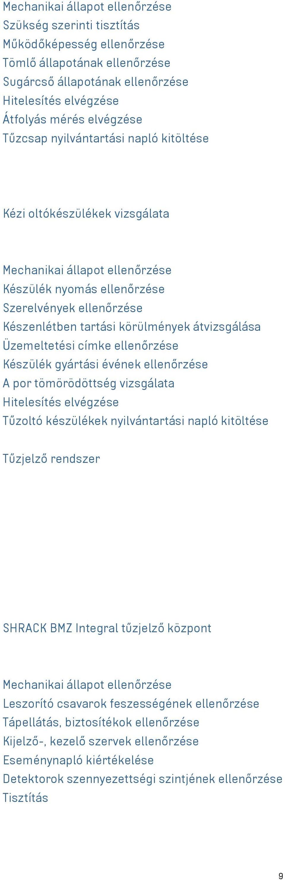 gyártási évének ellenőrzése A por tömörödöttség vizsgálata Hitelesítés elvégzése Tűzoltó készülékek nyilvántartási napló kitöltése Tűzjelző rendszer SHRACK BMZ Integral tűzjelző központ