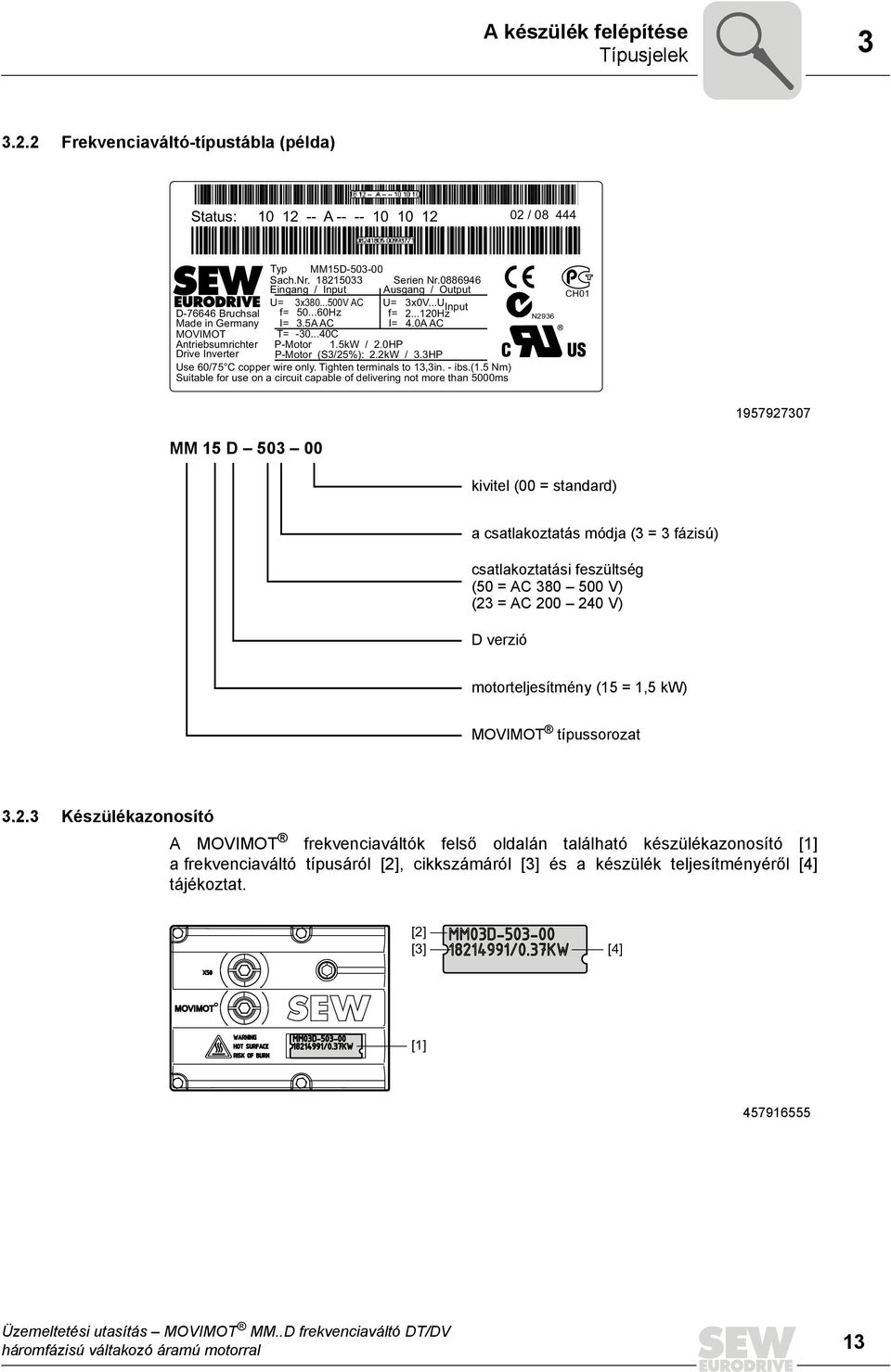 HP Drive Inverter P-Motor (S3/25%): 2.2kW / 3.3HP Use 6/75 C copper wire only. Tighten terminals to 13,3in. - ibs.(1.