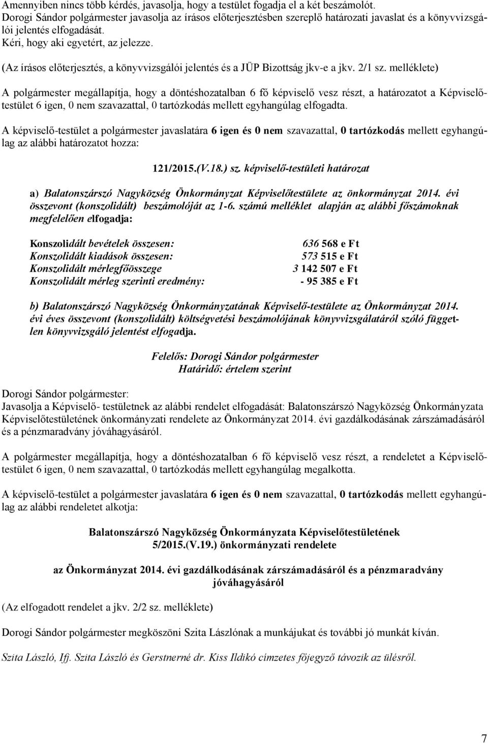 (Az írásos előterjesztés, a könyvvizsgálói jelentés és a JÜP Bizottság jkv-e a jkv. 2/1 sz. melléklete) 121/2015.(V.18.) sz.