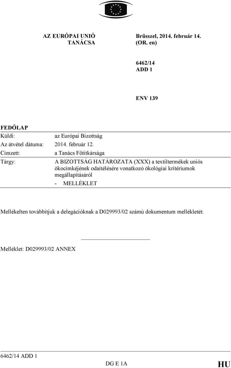 Címzett: Tárgy: a Tanács Főtitkársága A BIZOTTSÁG HATÁROZATA (XXX) a textiltermékek uniós ökocímkéjének odaítélésére