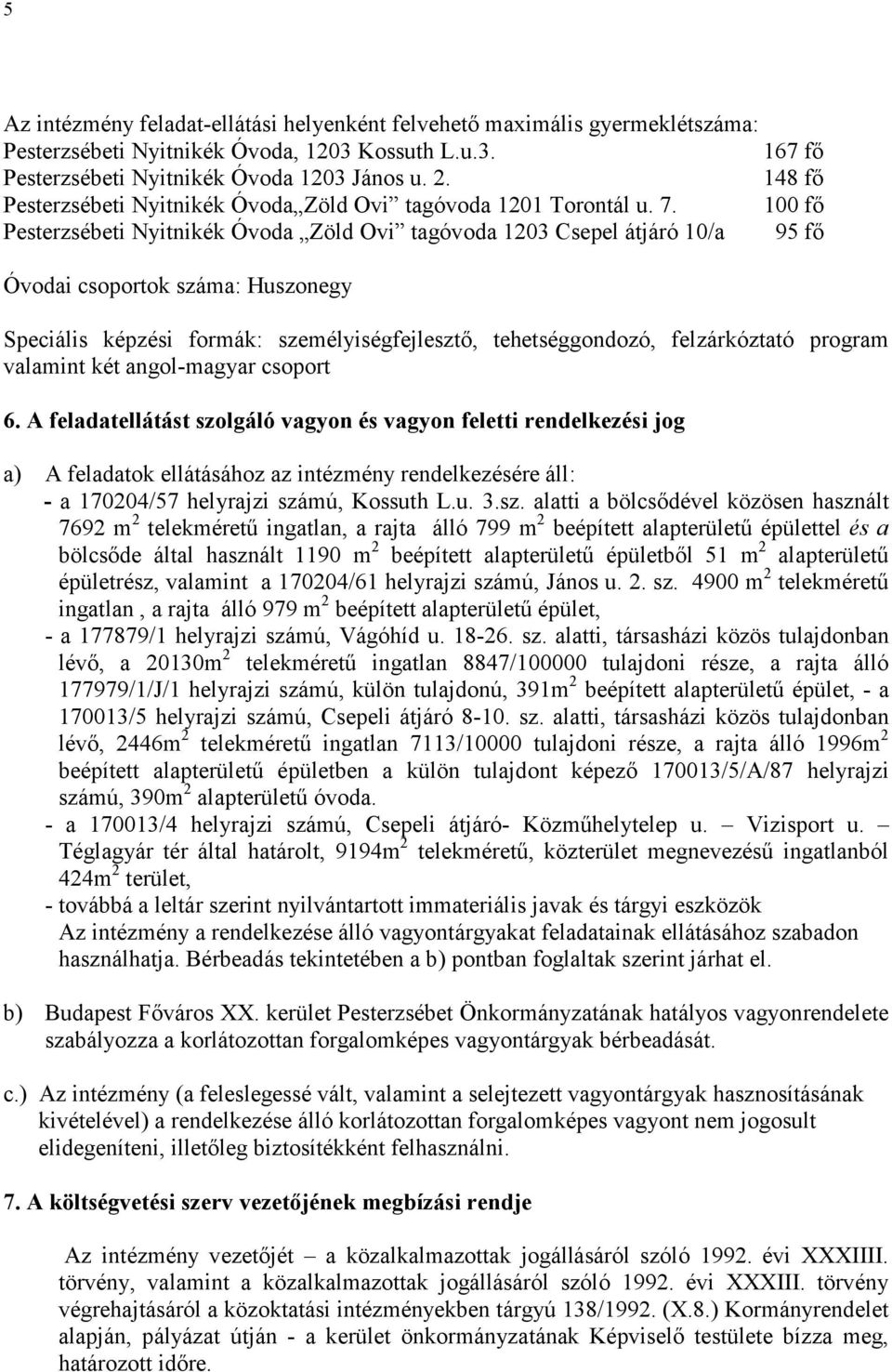 100 fő Pesterzsébeti Nyitnikék Óvoda Zöld Ovi tagóvoda 1203 Csepel átjáró 10/a 95 fő Óvodai csoportok száma: Huszonegy Speciális képzési formák: személyiségfejlesztő, tehetséggondozó, felzárkóztató