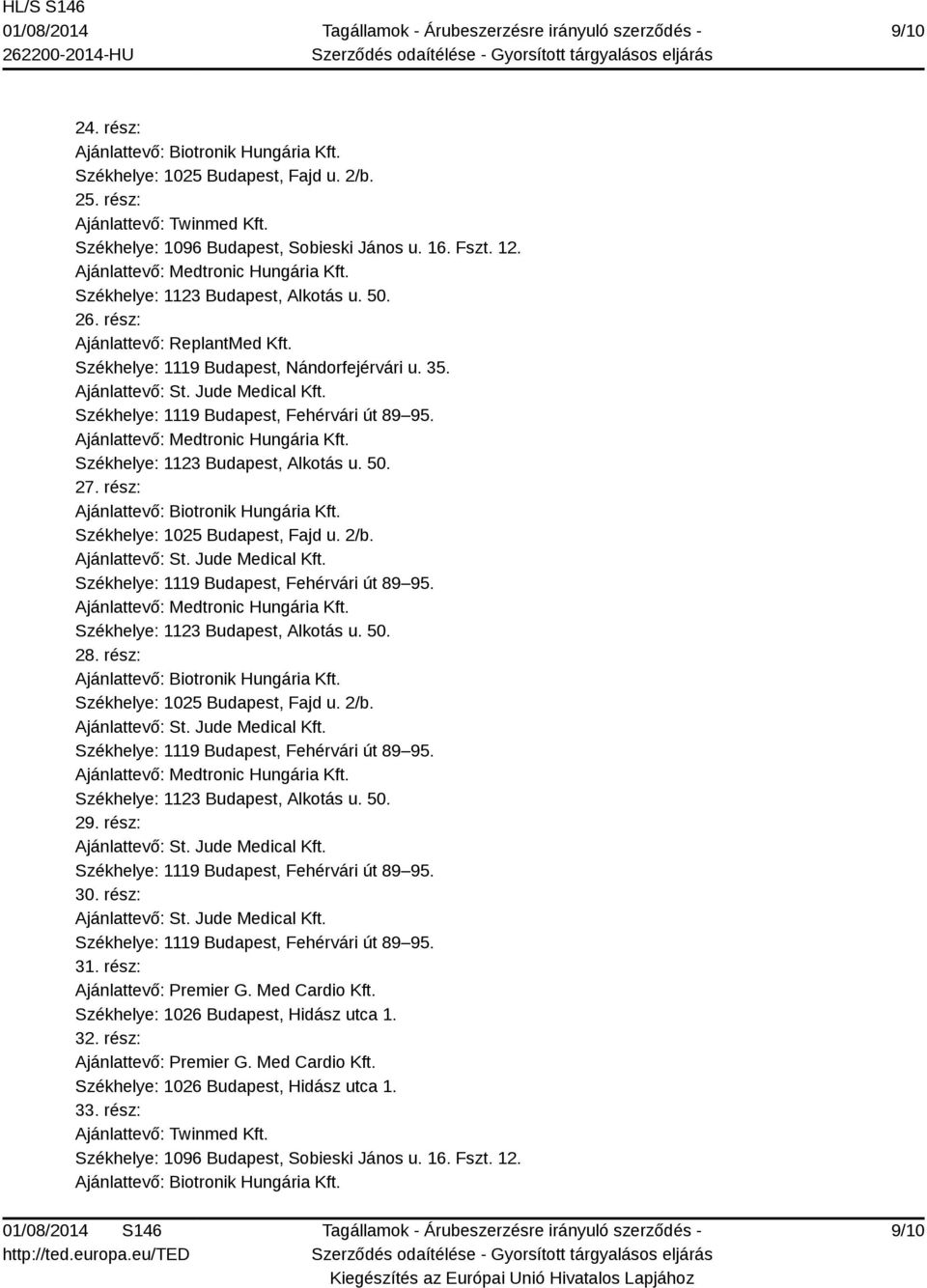 rész: 31. rész: Ajánlattevő: Premier G. Med Cardio Kft.