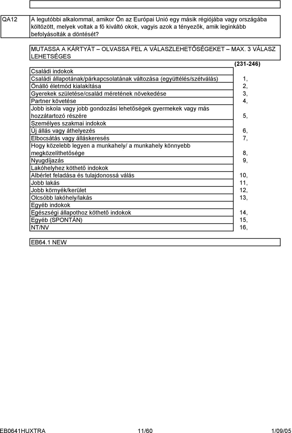 VÁLASZ LEHETSÉGES (-6) Családi indokok Családi állapotának/párkapcsolatának változása (együttélés/szétválás), Önálló életmód kialakítása, Gyerekek születése/család méretének növekedése, Partner