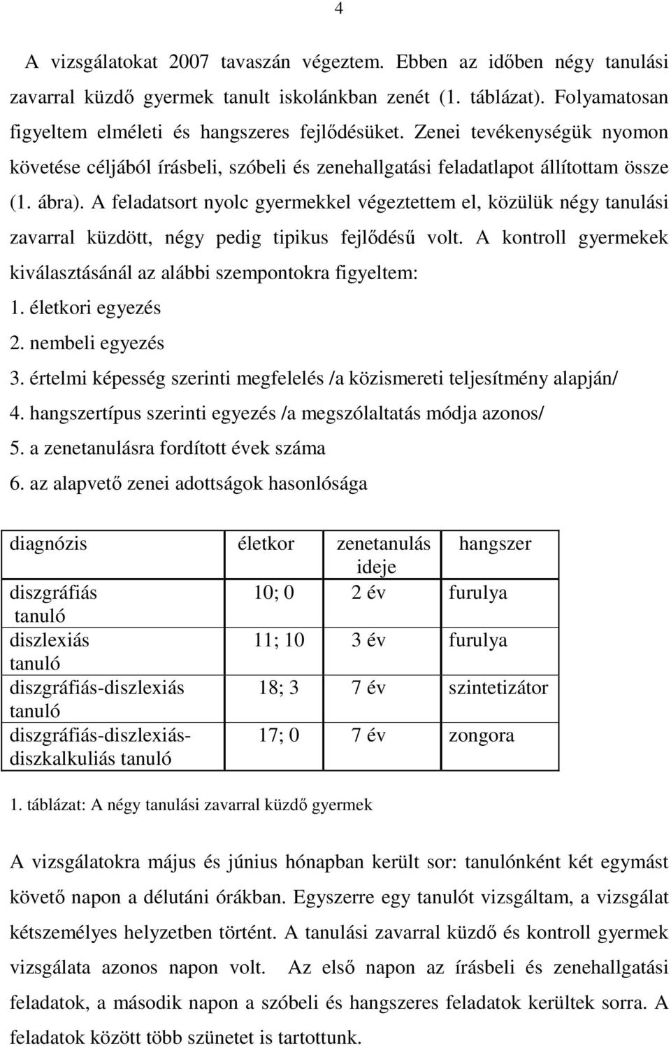 A feladatsort nyolc gyermekkel végeztettem el, közülük négy tanulási zavarral küzdött, négy pedig tipikus fejlődésű volt. A kontroll gyermekek kiválasztásánál az alábbi szempontokra figyeltem: 1.