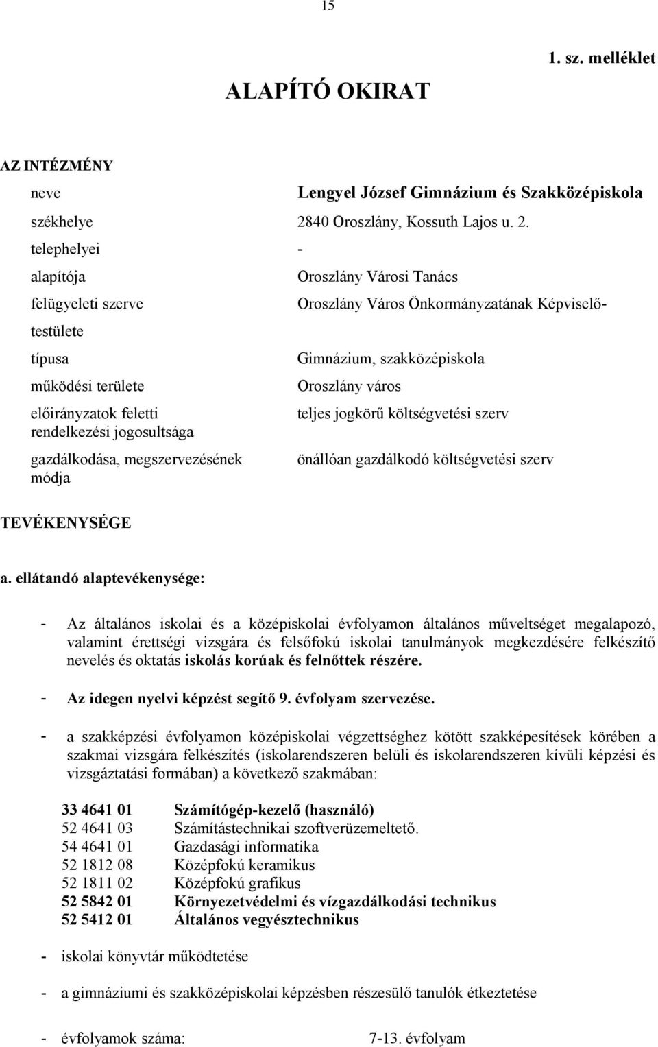 telephelyei - alapítója Oroszlány Városi Tanács felügyeleti szerve Oroszlány Város Önkormányzatának Képviselőtestülete típusa Gimnázium, szakközépiskola működési területe Oroszlány város