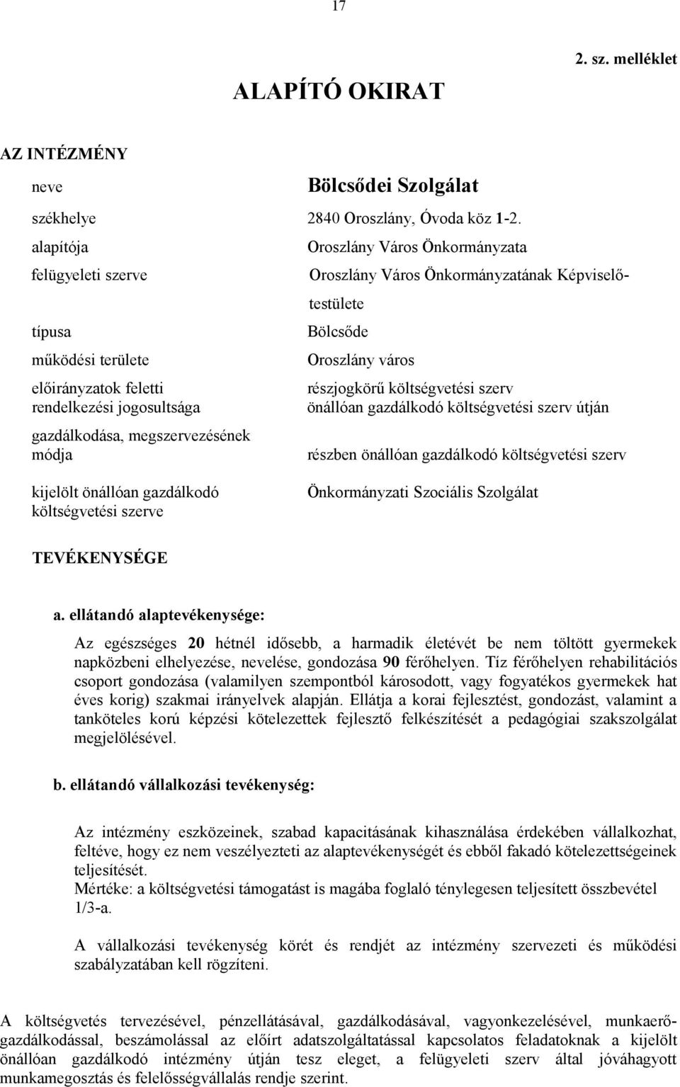 Önkormányzatának Képviselőtestülete Bölcsőde Oroszlány város részjogkörű költségvetési szerv önállóan gazdálkodó költségvetési szerv útján részben önállóan gazdálkodó költségvetési szerv kijelölt