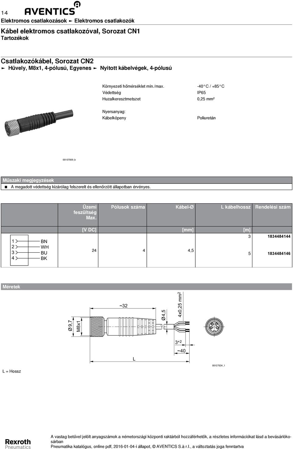 Védettség Huzalkeresztmetszet -0 C / +85 C IP65 0,5 mm² Nyersanyag: Kábelköpeny Poliuretán 0007009_b Műszaki megjegyzések A megadott védettség kizárólag felszerelt és