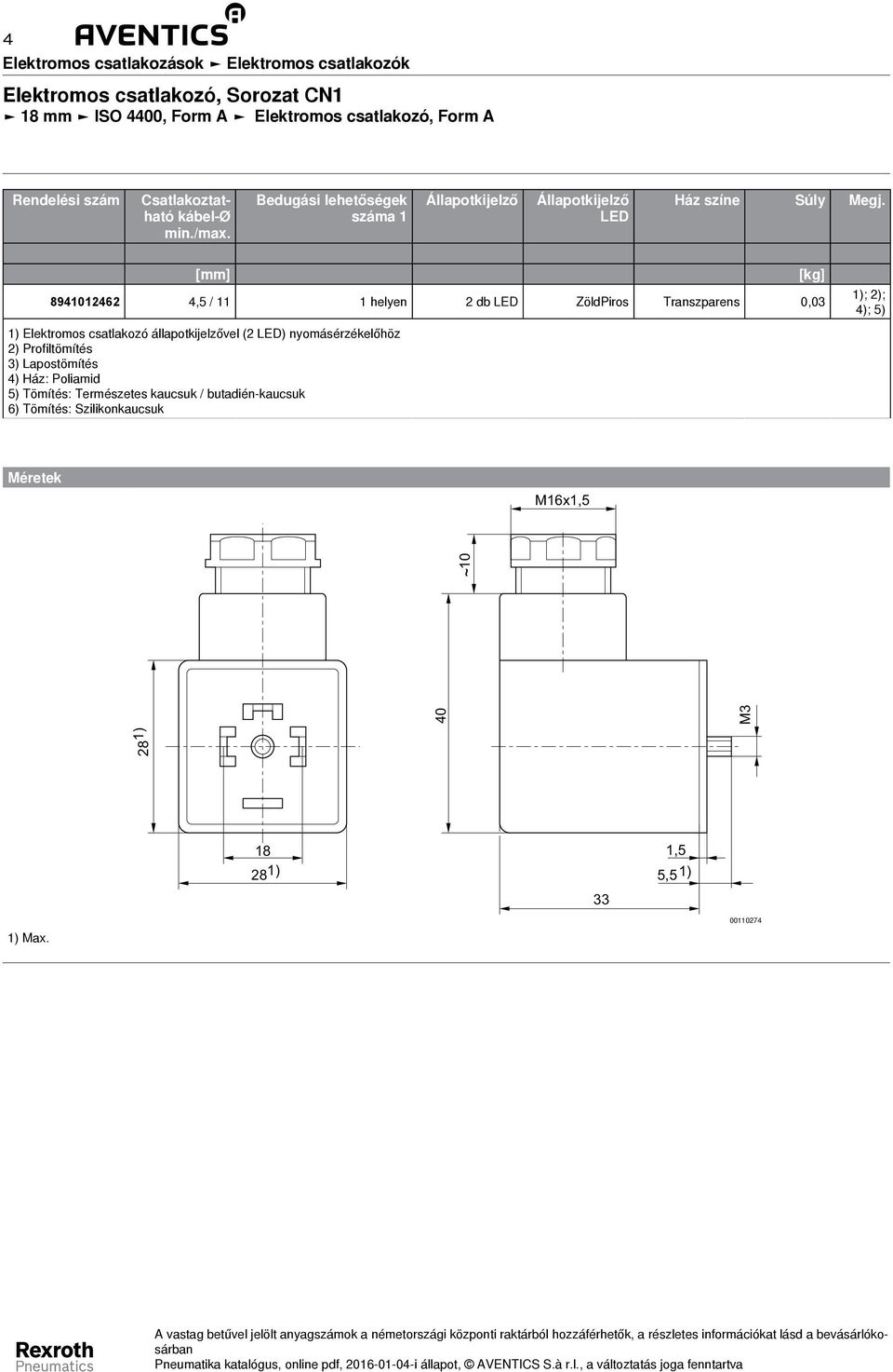 [mm] 894046 4,5 / helyen db LED ZöldPiros Transzparens 0,0 [kg] ); ); 4); 5) ) Elektromos csatlakozó állapotkijelzővel ( LED) nyomásérzékelőhöz ) Profiltömítés )