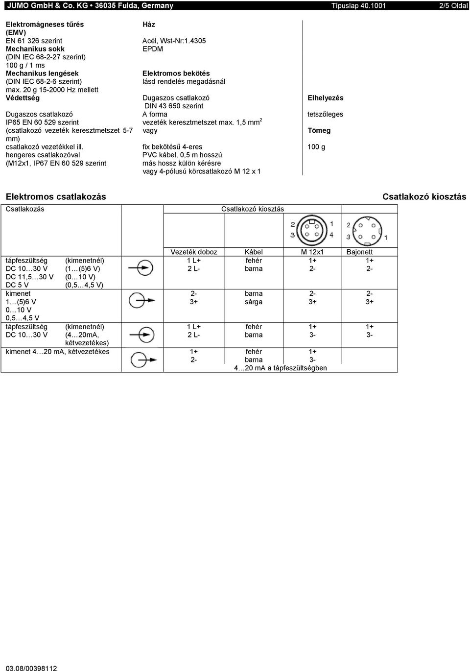 20 g 15-2000 Hz mellett Védettség Dugaszos csatlakozó Elhelyezés DIN 43 650 szerint Dugaszos csatlakozó A forma tetszıleges IP65 EN 60 529 szerint vezeték keresztmetszet max.