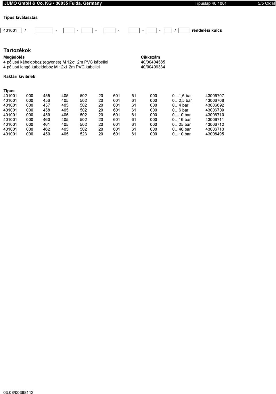 12x1 2m PVC kábellel 40/00409334 Raktári kivitelek Típus 401001 000 455 405 502 20 601 61 000 0 1,6 bar 43006707 401001 000 456 405 502 20 601 61 000 0 2,5 bar 43006708 401001 000 457 405 502 20 601