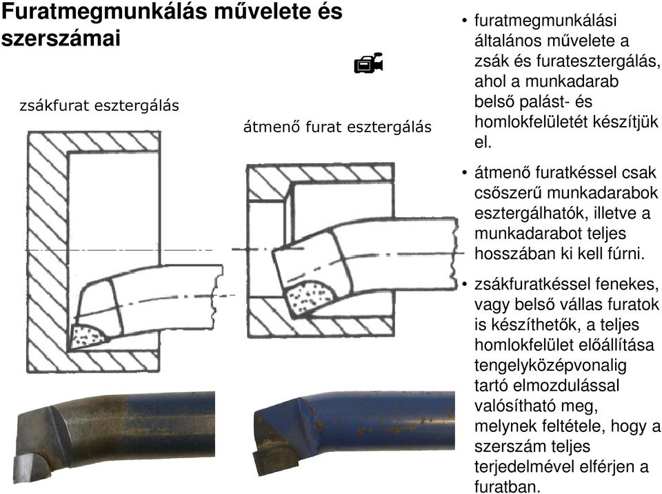 átmenı furatkéssel csak csıszerő munkadarabok esztergálhatók, illetve a munkadarabot teljes hosszában ki kell fúrni.