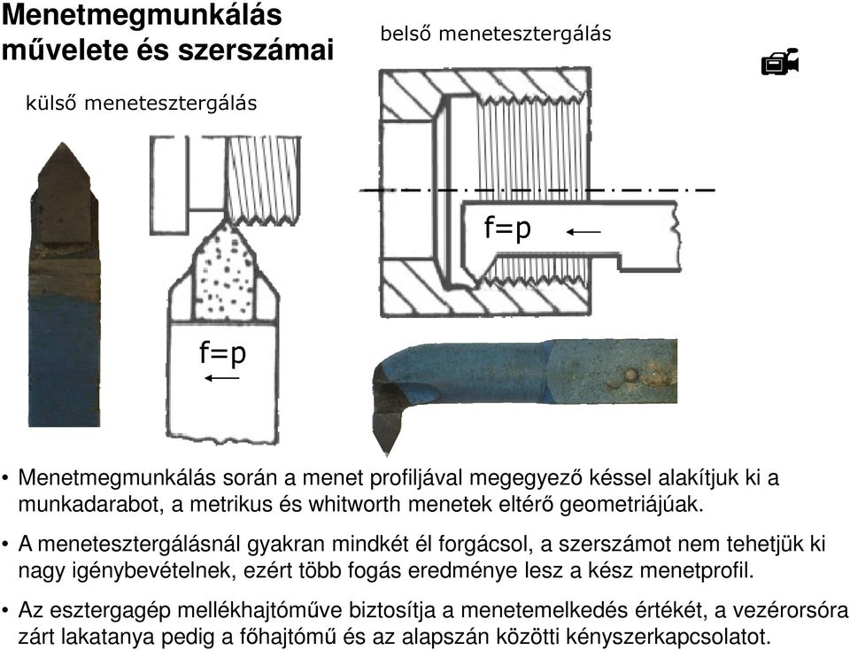 A menetesztergálásnál gyakran mindkét él forgácsol, a szerszámot nem tehetjük ki nagy igénybevételnek, ezért több fogás eredménye lesz a