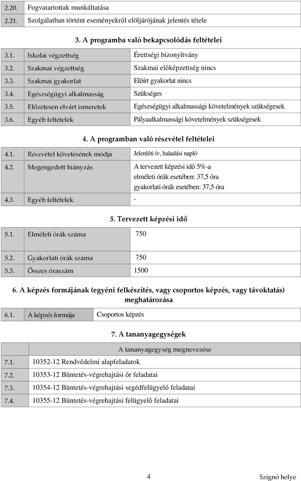 Egyéb feltételek Pályaalkalmassági követelmények szükségesek 4. A programban való részvétel feltételei 4.1. Részvétel követésének módja Jelenléti ív, haladási napló 4.2.