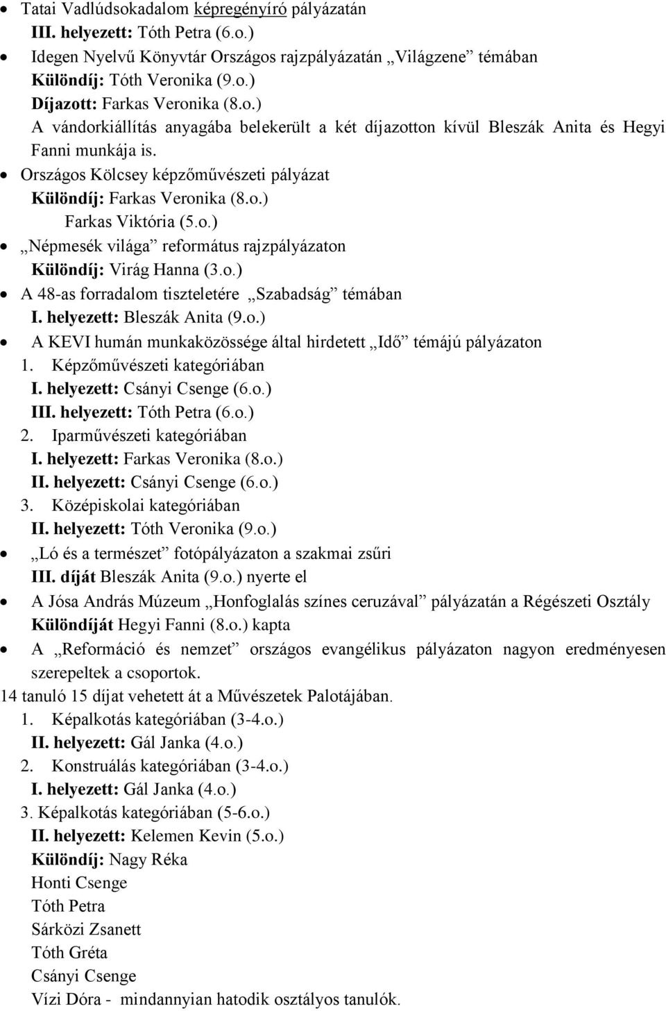 o.) Népmesék világa református rajzpályázaton Különdíj: Virág Hanna (3.o.) A 48-as forradalom tiszteletére Szabadság témában I. helyezett: Bleszák Anita (9.o.) A KEVI humán munkaközössége által hirdetett Idő témájú pályázaton 1.