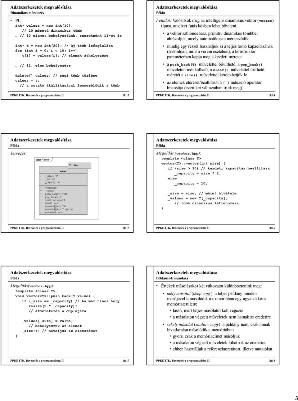 elem behelyezése delete[] values; // régi tömb törlése values = t; // a mutató átállításával lecserélődik a tömb PPKE ITK, Bevezetés a programozásba II 11:13 Feladat: Valósítsuk meg az intelligens