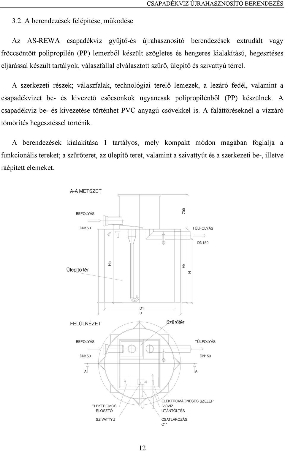 A szerkezeti részek; válaszfalak, technológiai terelő lemezek, a lezáró fedél, valamint a csapadékvizet be- és kivezető csőcsonkok ugyancsak polipropilénből (PP) készülnek.