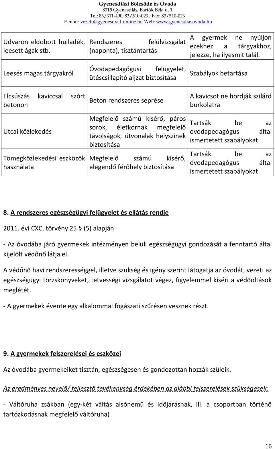 ütéscsillapító aljzat biztosítása Beton rendszeres seprése Megfelelő számú kísérő, páros sorok, életkornak megfelelő távolságok, útvonalak helyszínek biztosítása Megfelelő számú kísérő, elegendő