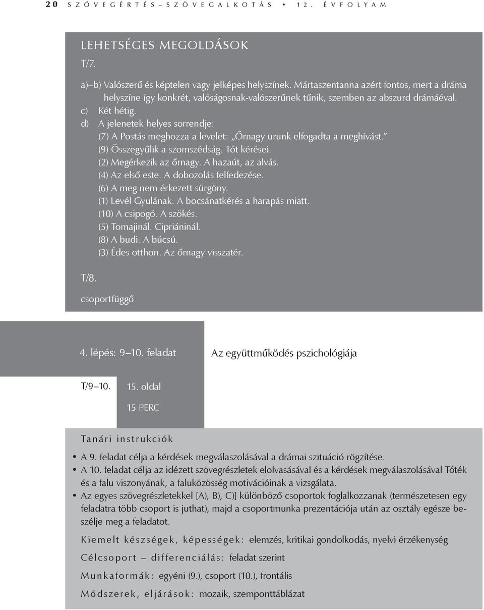 d) A jelenetek helyes sorrendje: (7) A Postás meghozza a levelet: Őrnagy urunk elfogadta a meghívást. (9) Összegyűlik a szomszédság. Tót kérései. (2) Megérkezik az őrnagy. A hazaút, az alvás.