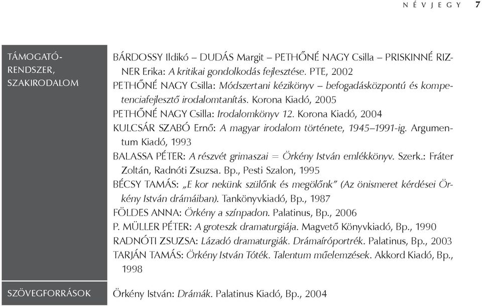 Korona Kiadó, 2004 KULCSÁR SZABÓ Ernő: A magyar irodalom története, 1945 1991-ig. Argumentum Kiadó, 1993 BALASSA PÉTER: A részvét grimaszai = Örkény István emlékkönyv. Szerk.