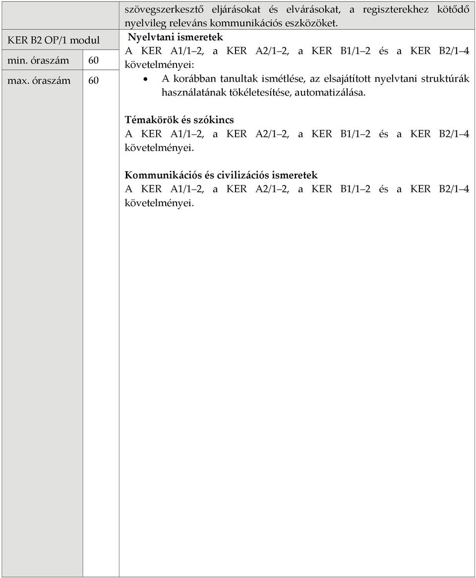 Nyelvtani ismeretek A KER A1/1 2, a KER A2/1 2, a KER B1/1 2 és a KER B2/1 4 követelményei: A korábban tanultak ismétlése, az elsajátított
