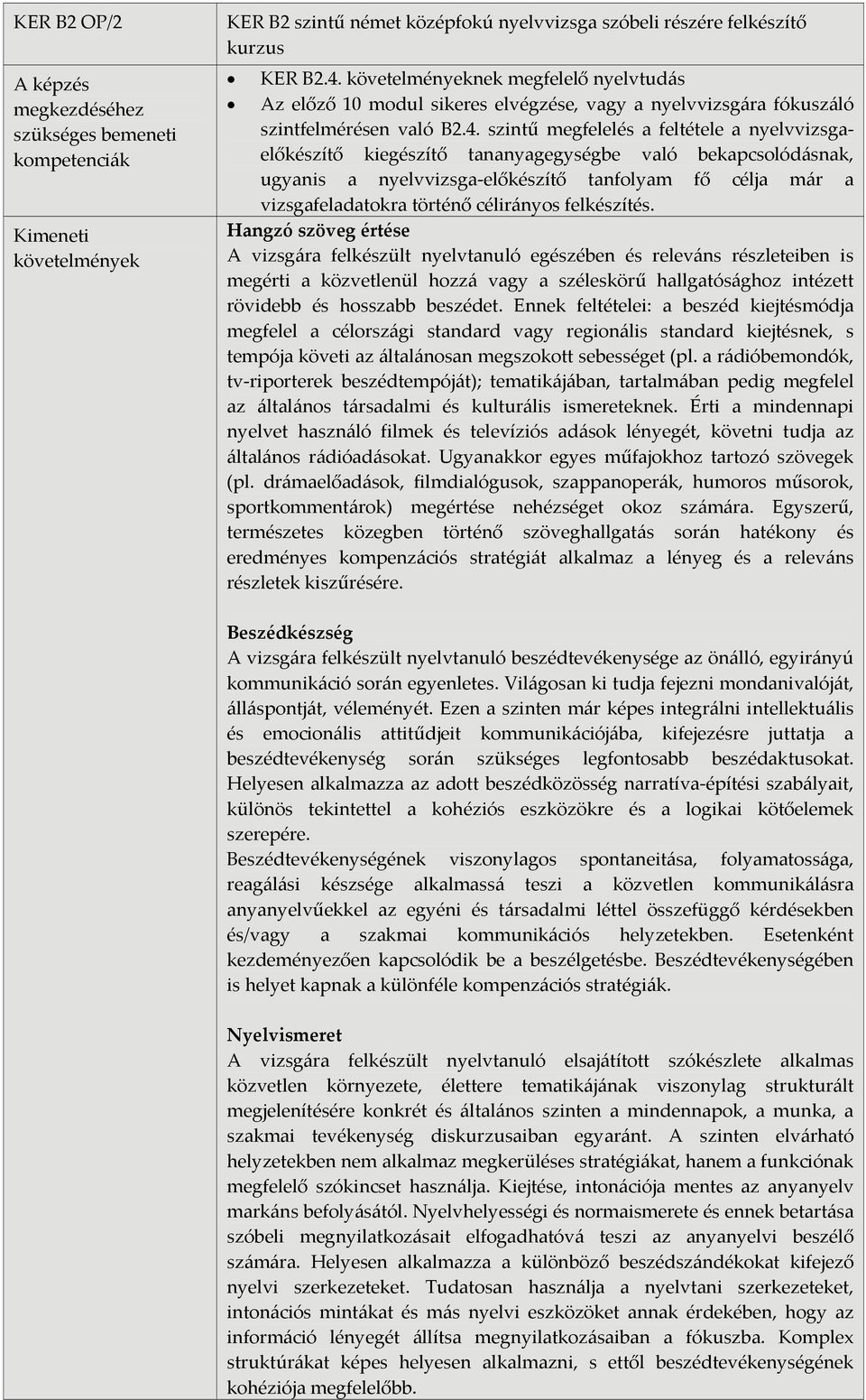 szintű megfelelés a feltétele a nyelvvizsgaelőkészítő kiegészítő tananyagegységbe való bekapcsolódásnak, ugyanis a nyelvvizsga előkészítő tanfolyam fő célja már a vizsgafeladatokra történő célirányos