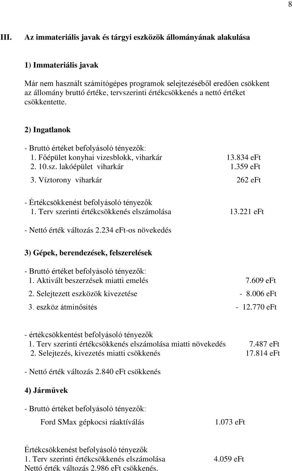 értékcsökkenés a nettó értéket csökkentette. 2) Ingatlanok - Bruttó értéket befolyásoló tényezők: 1. Főépület konyhai vizesblokk, viharkár 13.834 eft 2. 10.sz. lakóépület viharkár 1.359 eft 3.