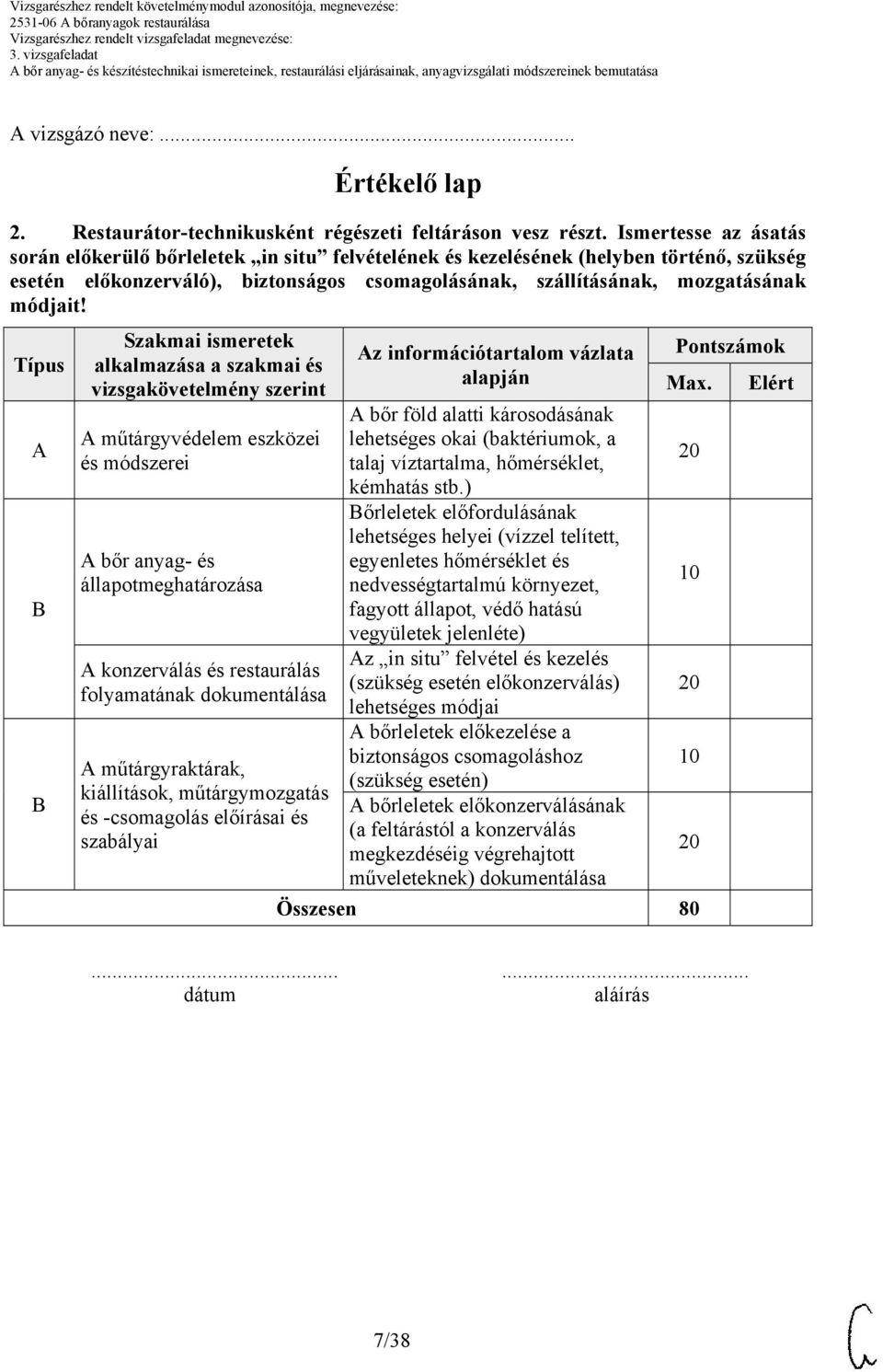 Típus A B B Szakmai ismeretek alkalmazása a szakmai és vizsgakövetelmény szerint A műtárgyvédelem eszközei és módszerei A bőr anyag- és állapotmeghatározása A konzerválás és restaurálás folyamatának