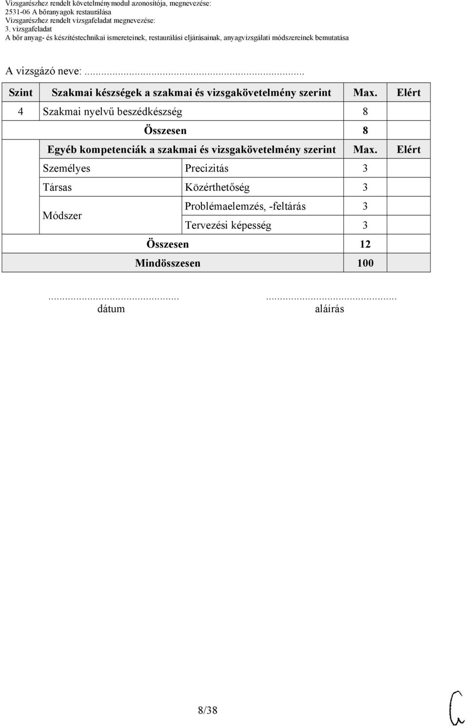 és vizsgakövetelmény szerint Max.