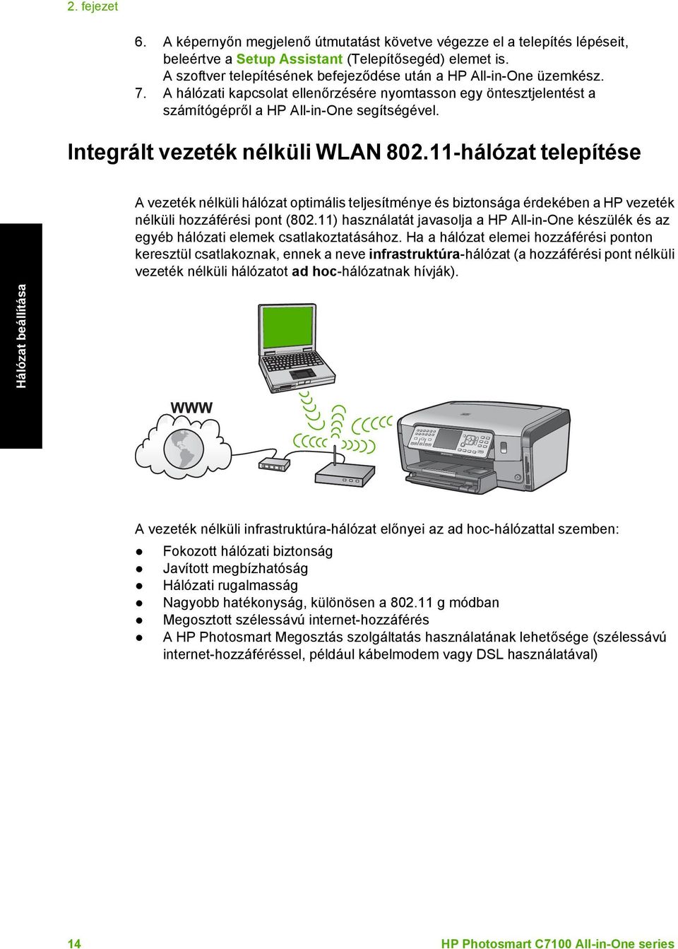 Integrált vezeték nélküli WLAN 802.11-hálózat telepítése A vezeték nélküli hálózat optimális teljesítménye és biztonsága érdekében a HP vezeték nélküli hozzáférési pont (802.
