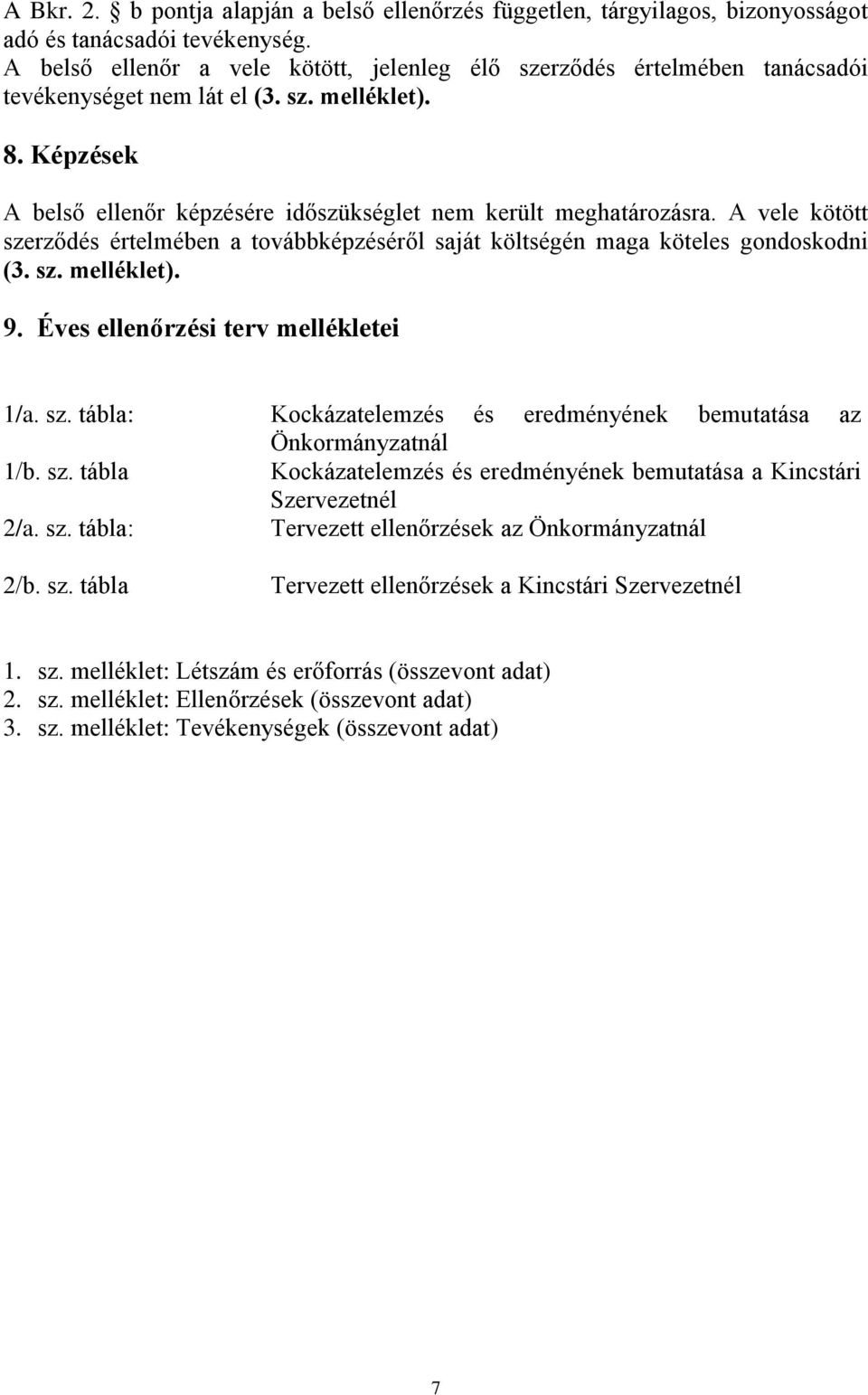 A vele kötött szerződés értelmében a továbbképzéséről saját költségén maga köteles gondoskodni (3. sz. melléklet). 9. Éves ellenőrzési terv mellékletei 1/a. sz. tábla: Kockázatelemzés és eredményének bemutatása az Önkormányzatnál 1/b.