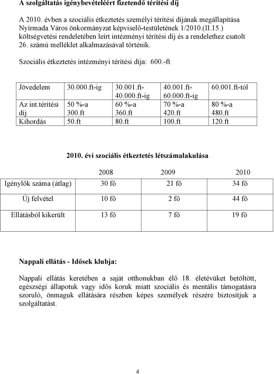 000.ft-ig 30.001.ft- 40.001.ft- 60.001.ft-tól 40.000.ft-ig 60.000.ft-ig Az int.térítési díj 50 %-a 300.ft 60 %-a 360.ft 70 %-a 420.ft 80 %-a 480.ft Kihordás 50.ft 80.ft 100.ft 120.ft 2010.