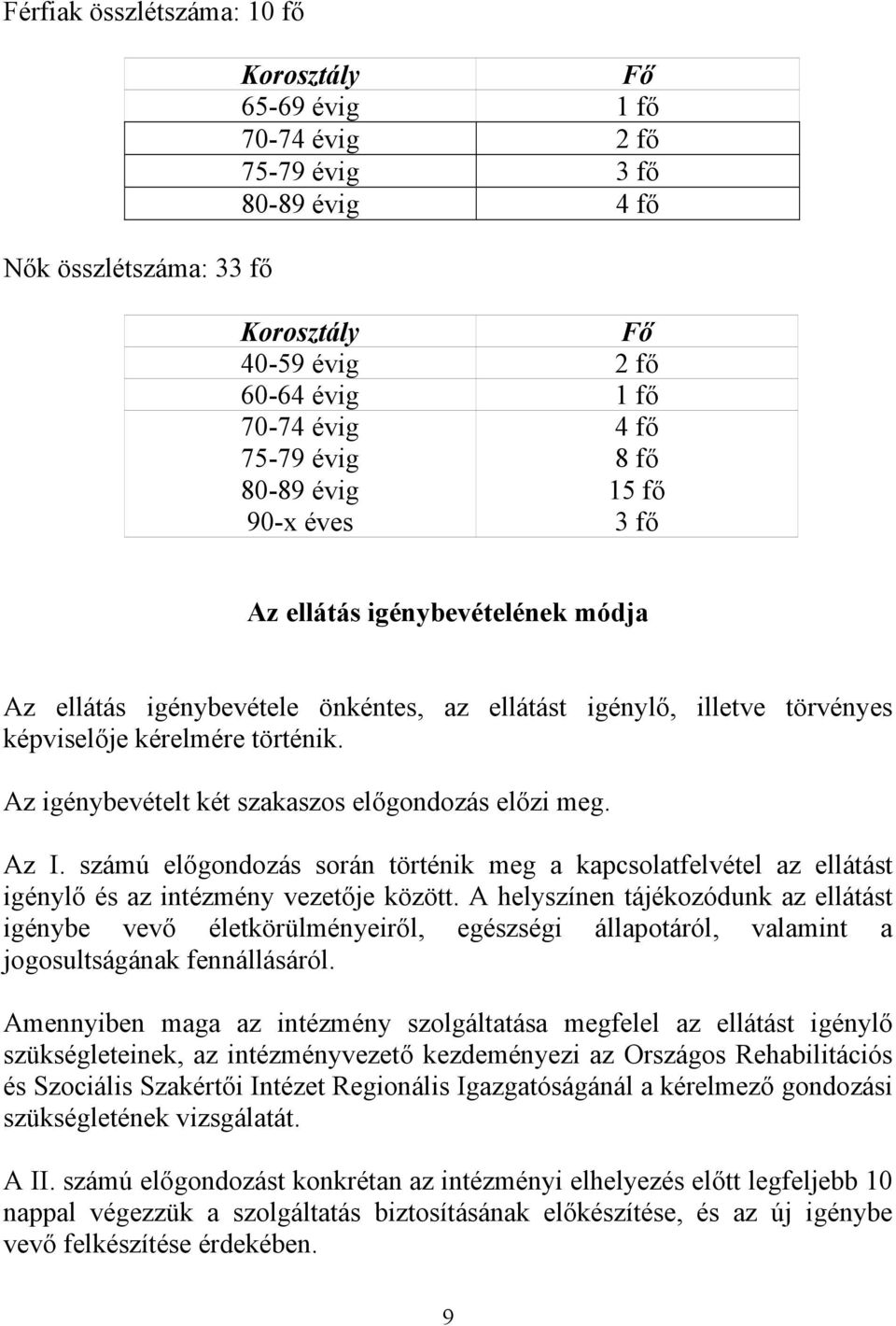 Az igénybevételt két szakaszos előgondozás előzi meg. Az I. számú előgondozás során történik meg a kapcsolatfelvétel az ellátást igénylő és az intézmény vezetője között.