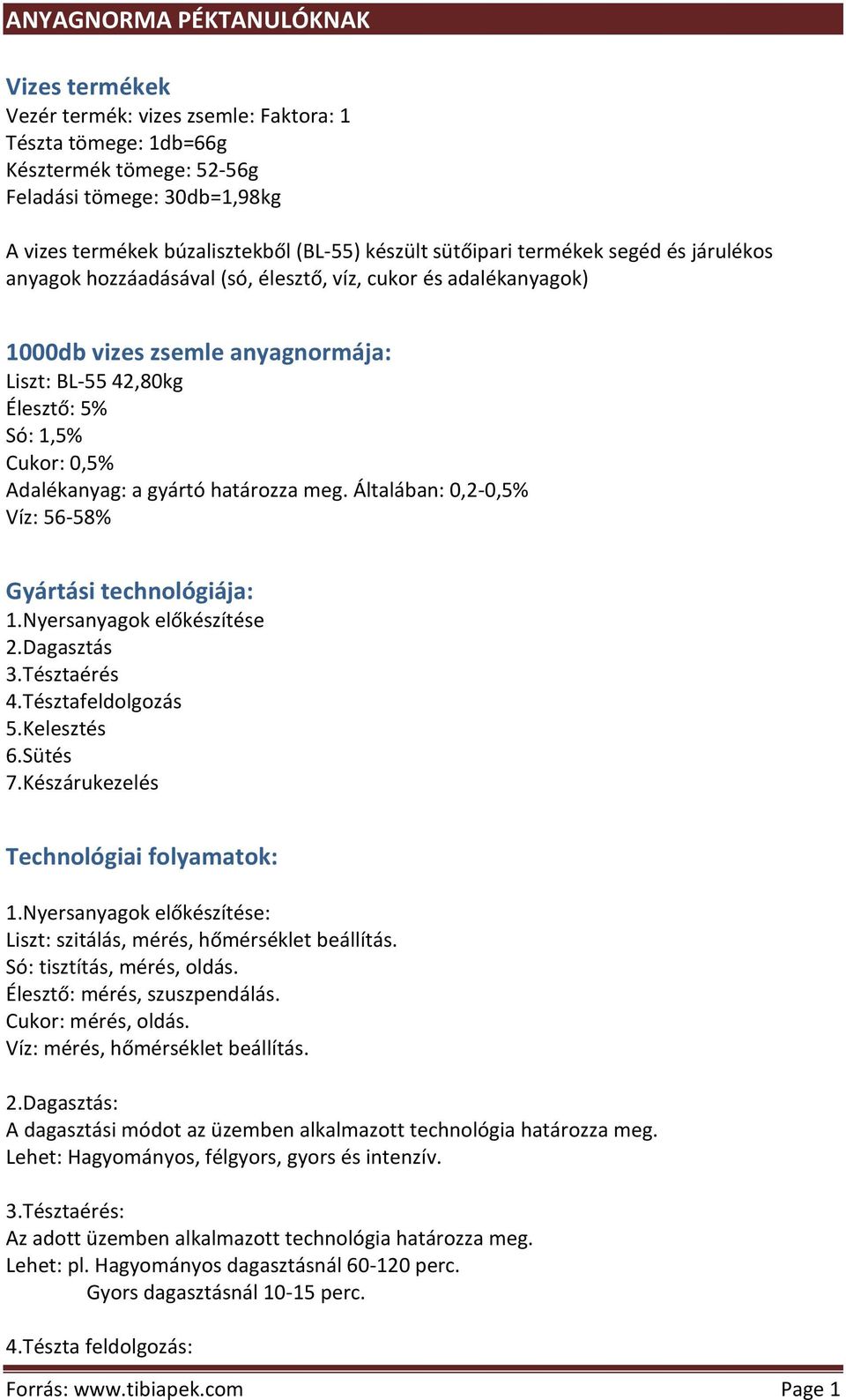 határozza meg. Általában: 0,2-0,5% Víz: 56-58% Gyártási technológiája: 1.Nyersanyagok előkészítése 2.Dagasztás 3.Tésztaérés 4.Tésztafeldolgozás Technológiai folyamatok: 1.