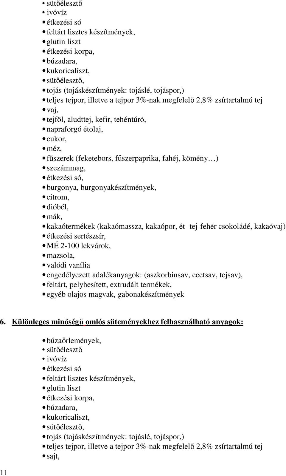 burgonya, burgonyakészítmények, citrom, dióbél, mák, kakaótermékek (kakaómassza, kakaópor, ét- tej-fehér csokoládé, kakaóvaj) étkezési sertészsír, MÉ 2-100 lekvárok, mazsola, valódi vanília